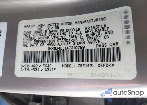 2010 Toyota Corolla Le из США, поврежденный, VIN 1NXBU4EE1AZ310799